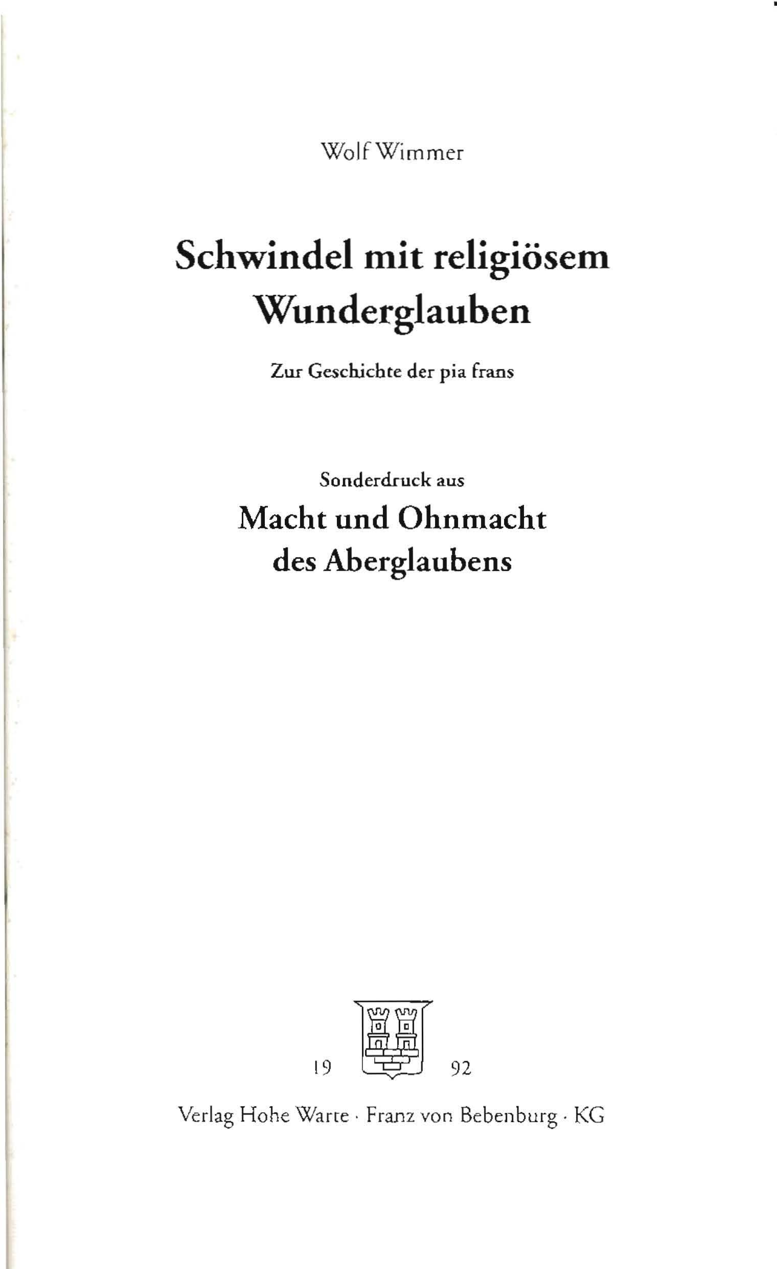 Wimmer, Wolf: Schwindel mit dem religiösen Wunderglauben
