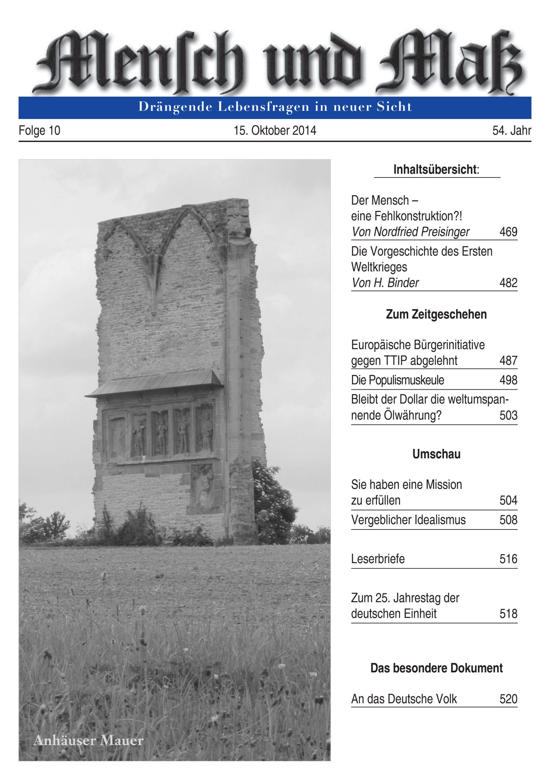 Titelseite Zeitschrift Mensch und Maß, Heft 10/2014