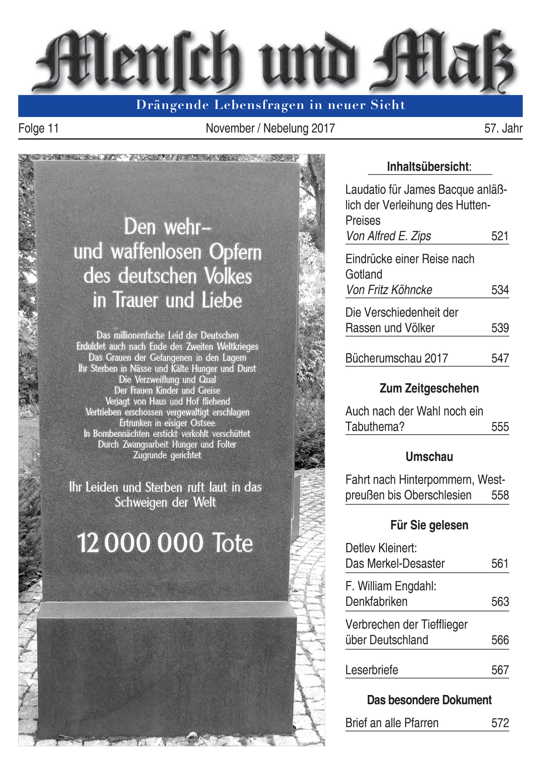 Titelseite Zeitschrift Mensch und Maß, Heft 11/2017