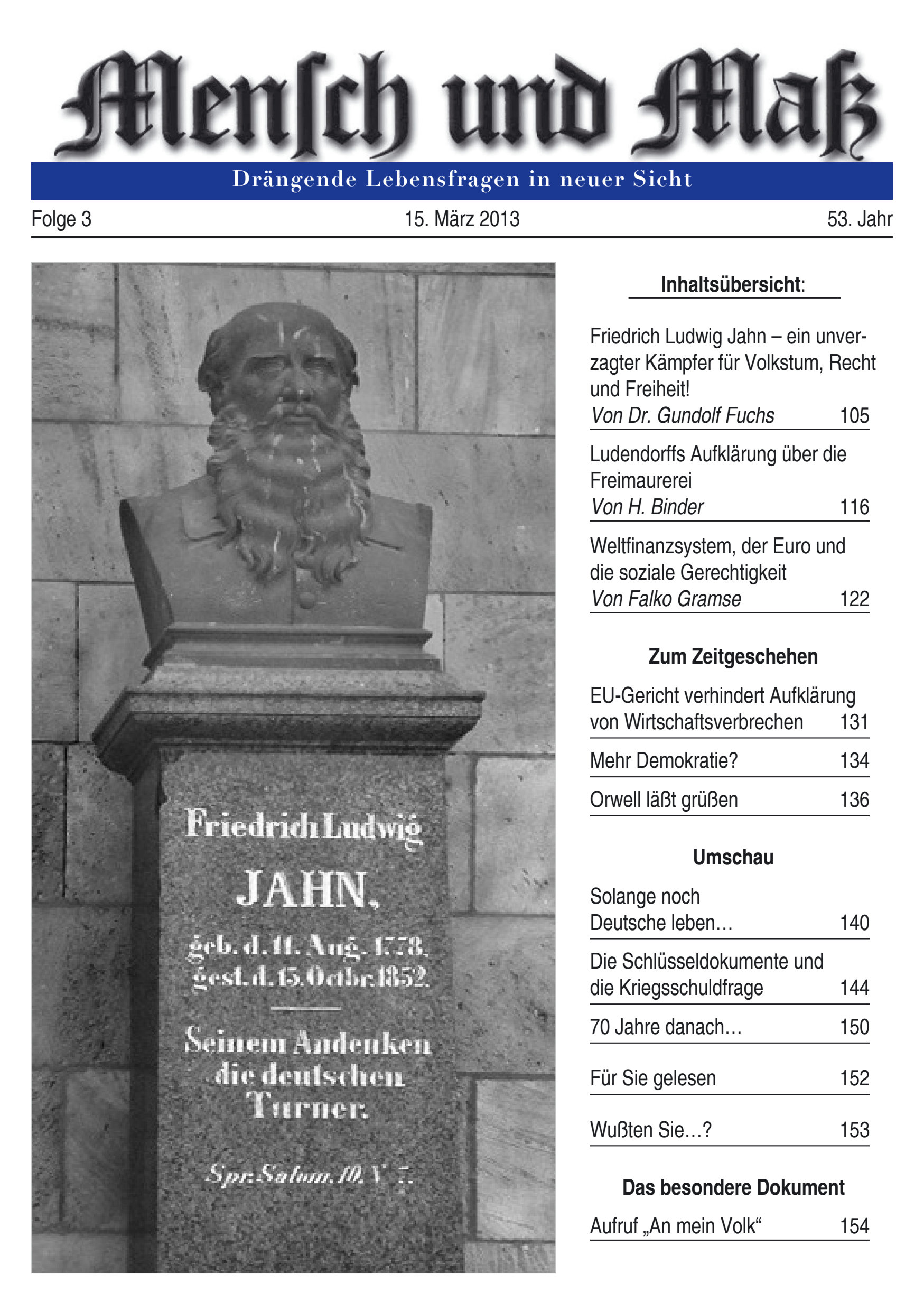 2013/03 Mensch und Maß Titelseite Zeitschrift Mensch und Maß, Heft 03/2013