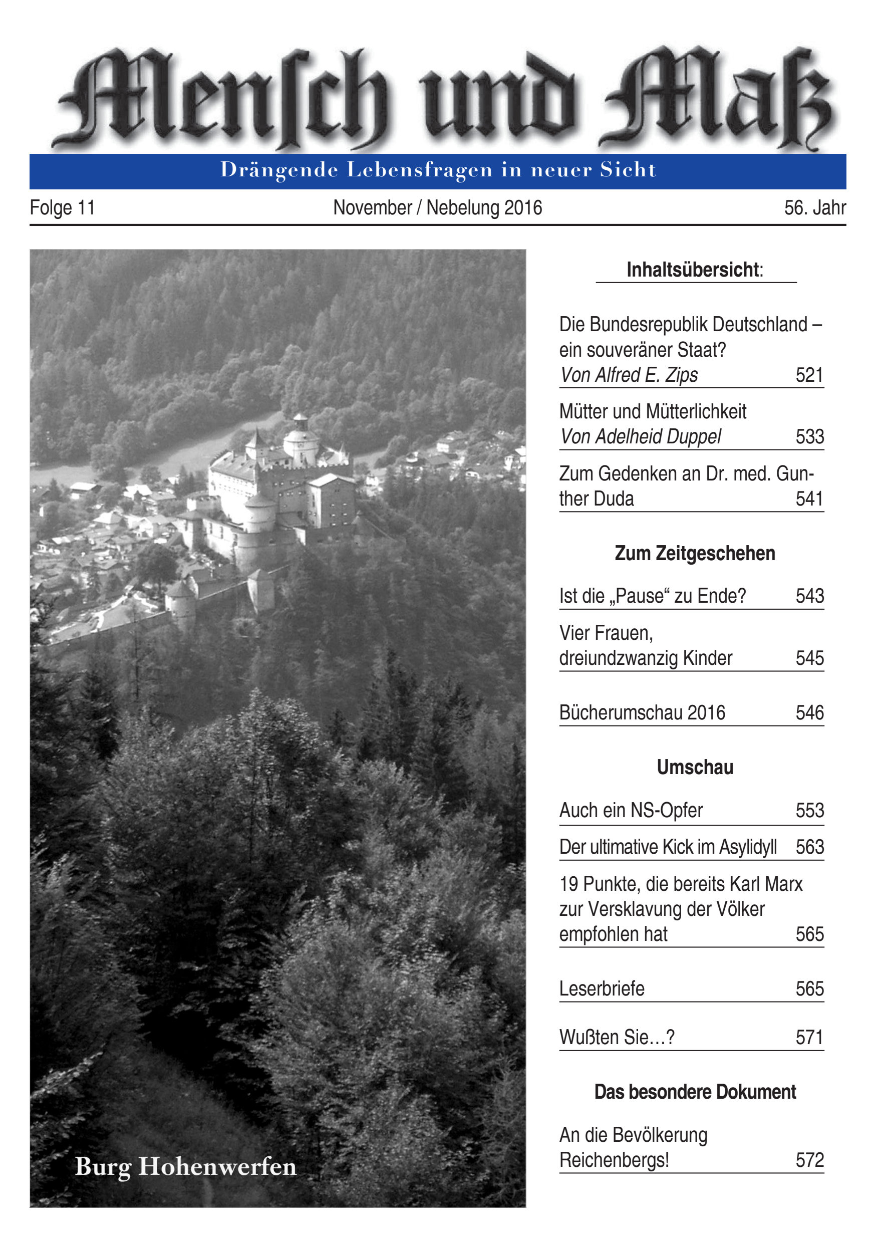 Titelseite Zeitschrift Mensch und Maß, Heft 11/2016