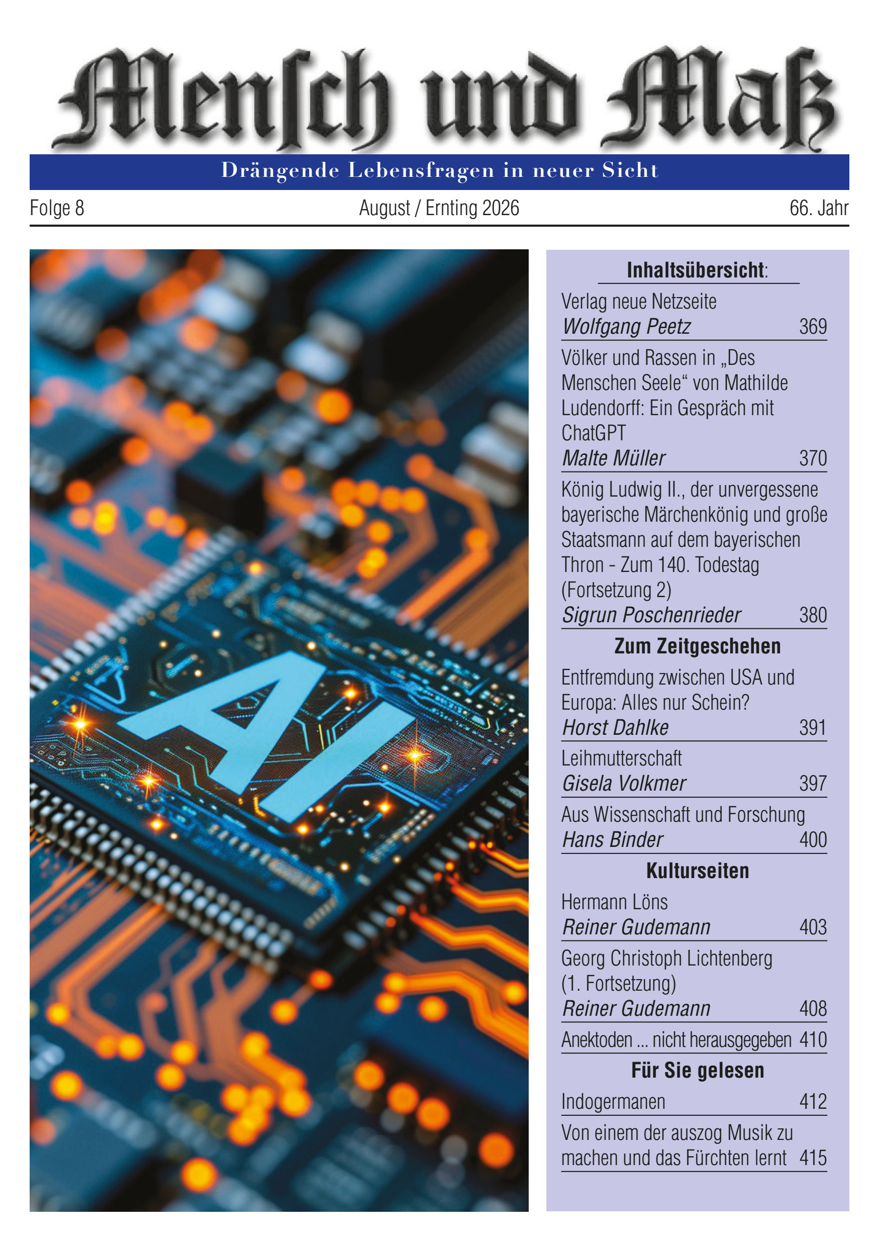 2026/08 Mensch und Maß Titelseite Zeitschrift Mensch und Maß, Heft 08/2026