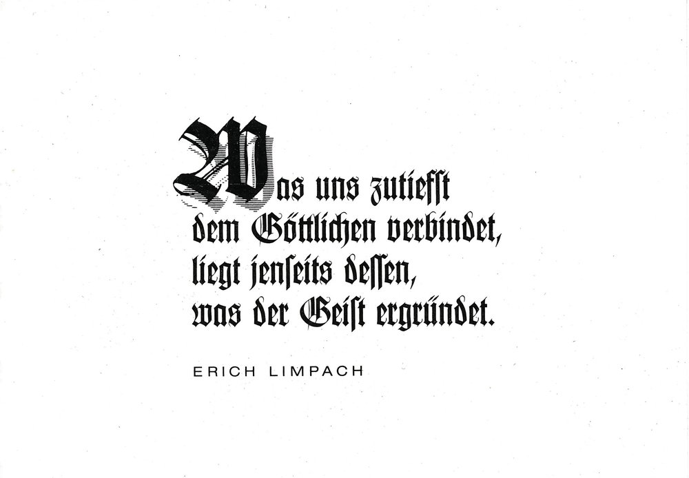 Postkarte A6 mit Worten von Erich Limpach: Was uns zutiefst dem Göttlichen verbindet, liegt jenseits dessen, was der Geist ergründet