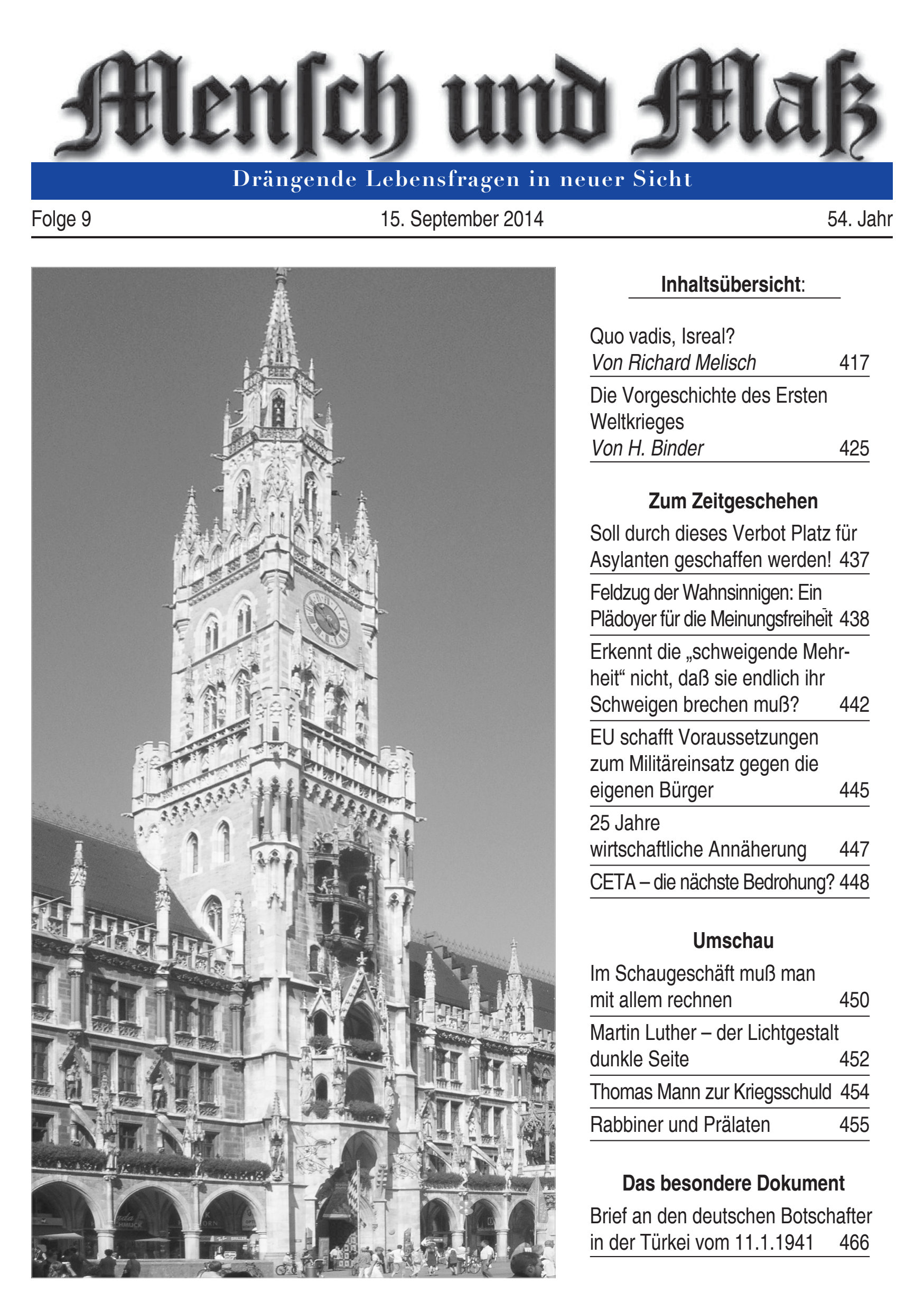 Titelseite Zeitschrift Mensch und Maß, Heft 09/2014