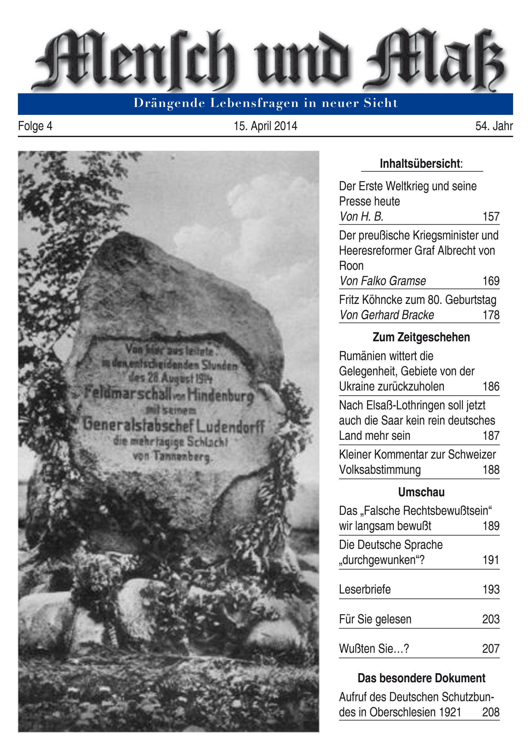 Titelseite Zeitschrift Mensch und Maß, Heft 04/2014