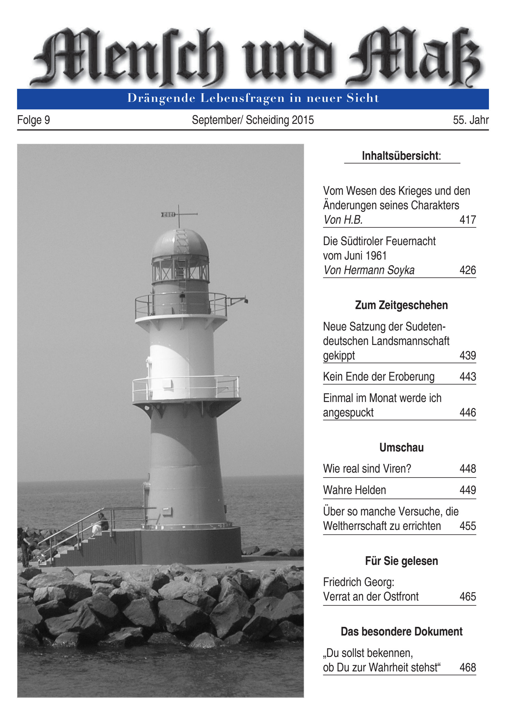 Titelseite Zeitschrift Mensch und Maß, Heft 09/2015
