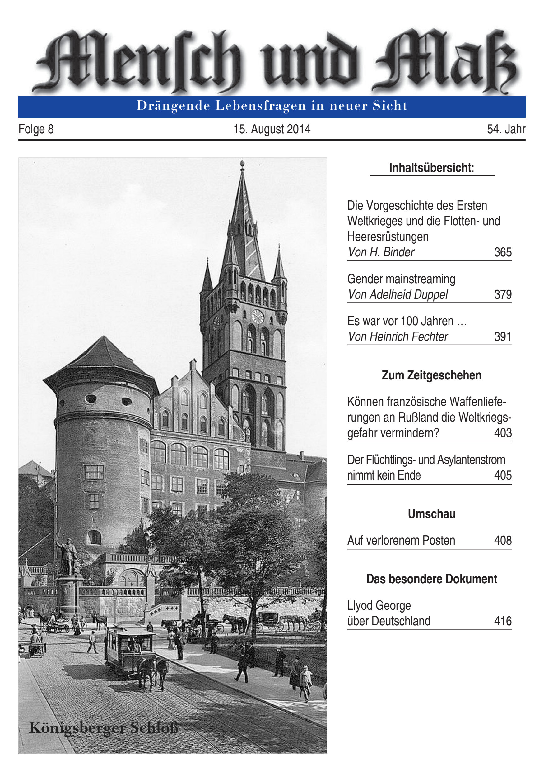 Titelseite Zeitschrift Mensch und Maß, Heft 08/2014