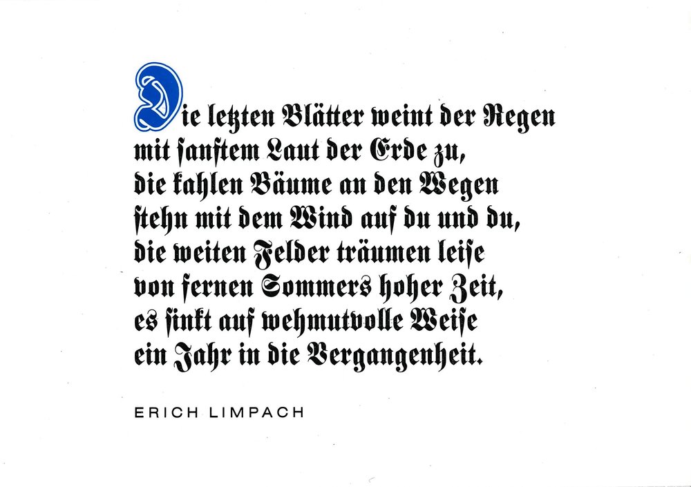 Postkarte A6 mit Worten von Erich Limpach: Die letzten Blätter weint der Regen Postkarte A6 mit Worten von Erich Limpach: Die letzten Blätter weint der Regen