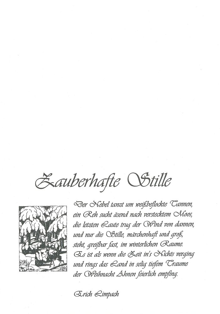 Klappkarte A6 von Erich Limpach: Zauberhafte Stille – Der Nebel tanzt um weißbeflockte Tannen (Außenseite ganz)