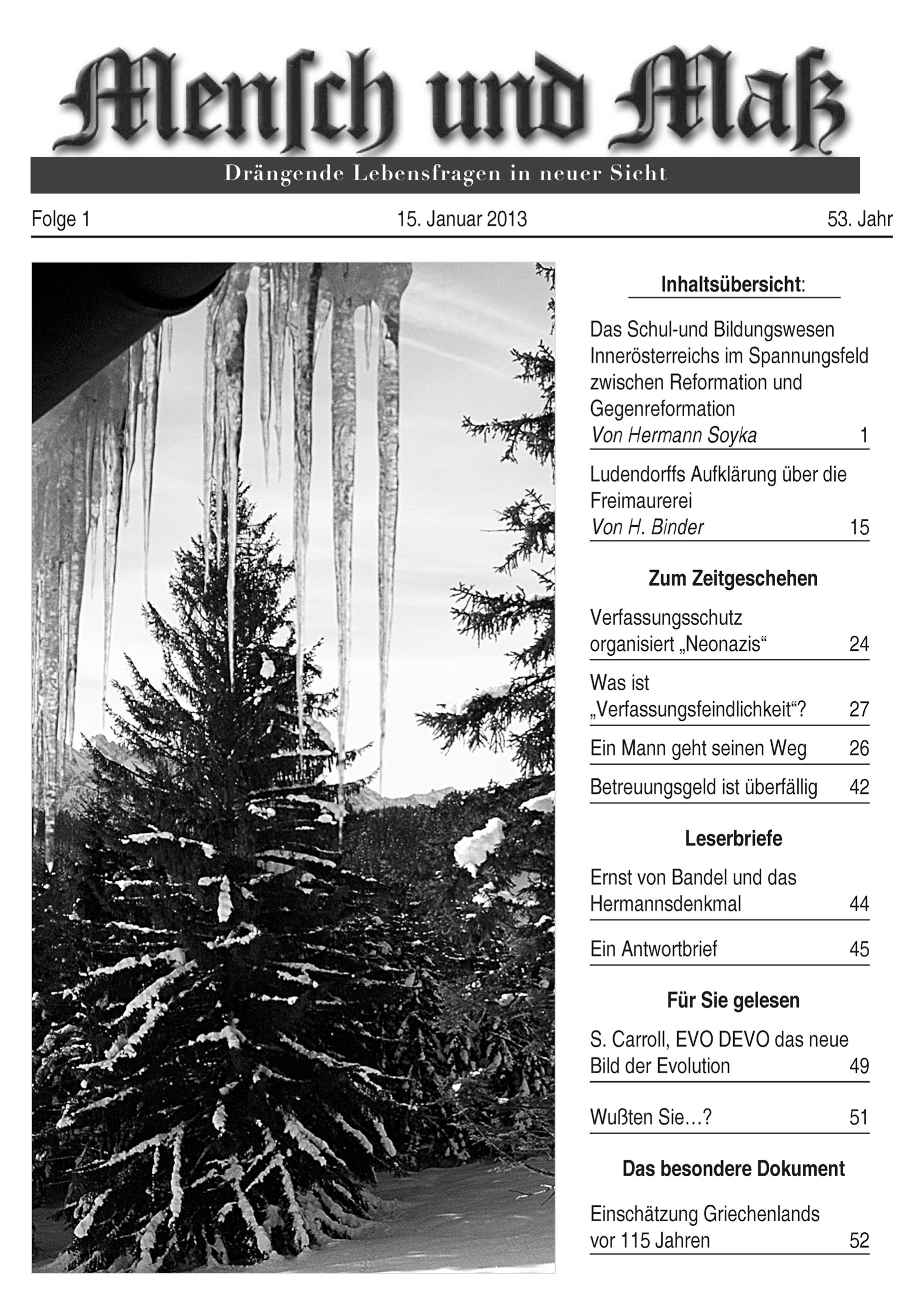 Titelseite Zeitschrift Mensch und Maß, Heft 01/2013