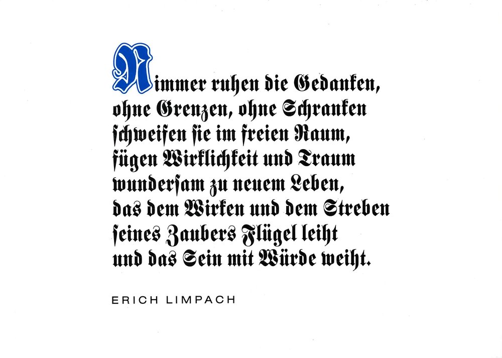 Postkarte A6 mit Worten von Erich Limpach: Nimmer ruhen die Gedanken