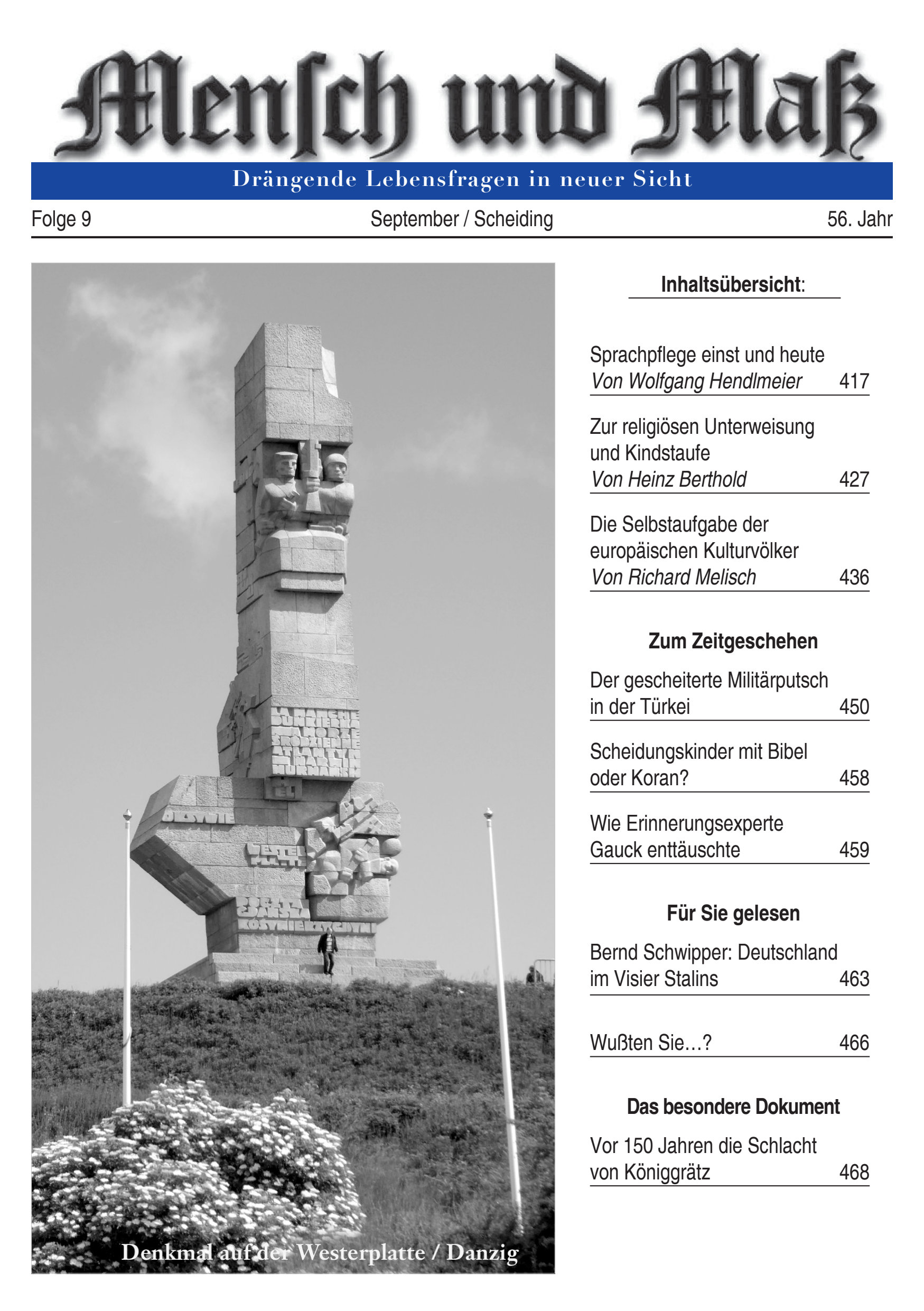 2016/09 Mensch und Maß Titelseite Zeitschrift Mensch und Maß, Heft 09/2016