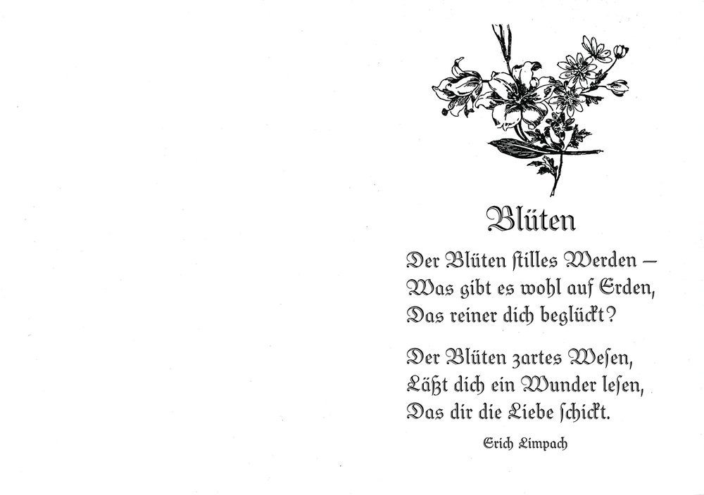 Klappkarte A6 von Erich Limpach: Blüten – Der Blüten stilles Werden (Außenseite ganz) Klappkarte A6 von Erich Limpach: Blüten – Der Blüten stilles Werden (Außenseite ganz)