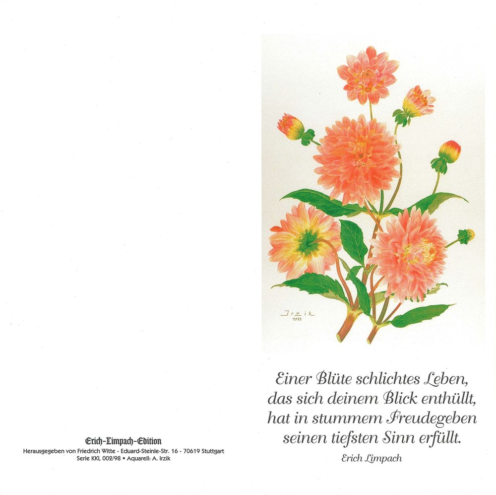 Klappkarte farbig von Erich Limpach: Einer Blüte schlichtes Leben (Außenseite ganz) Klappkarte farbig von Erich Limpach: Einer Blüte schlichtes Leben (Außenseite ganz)