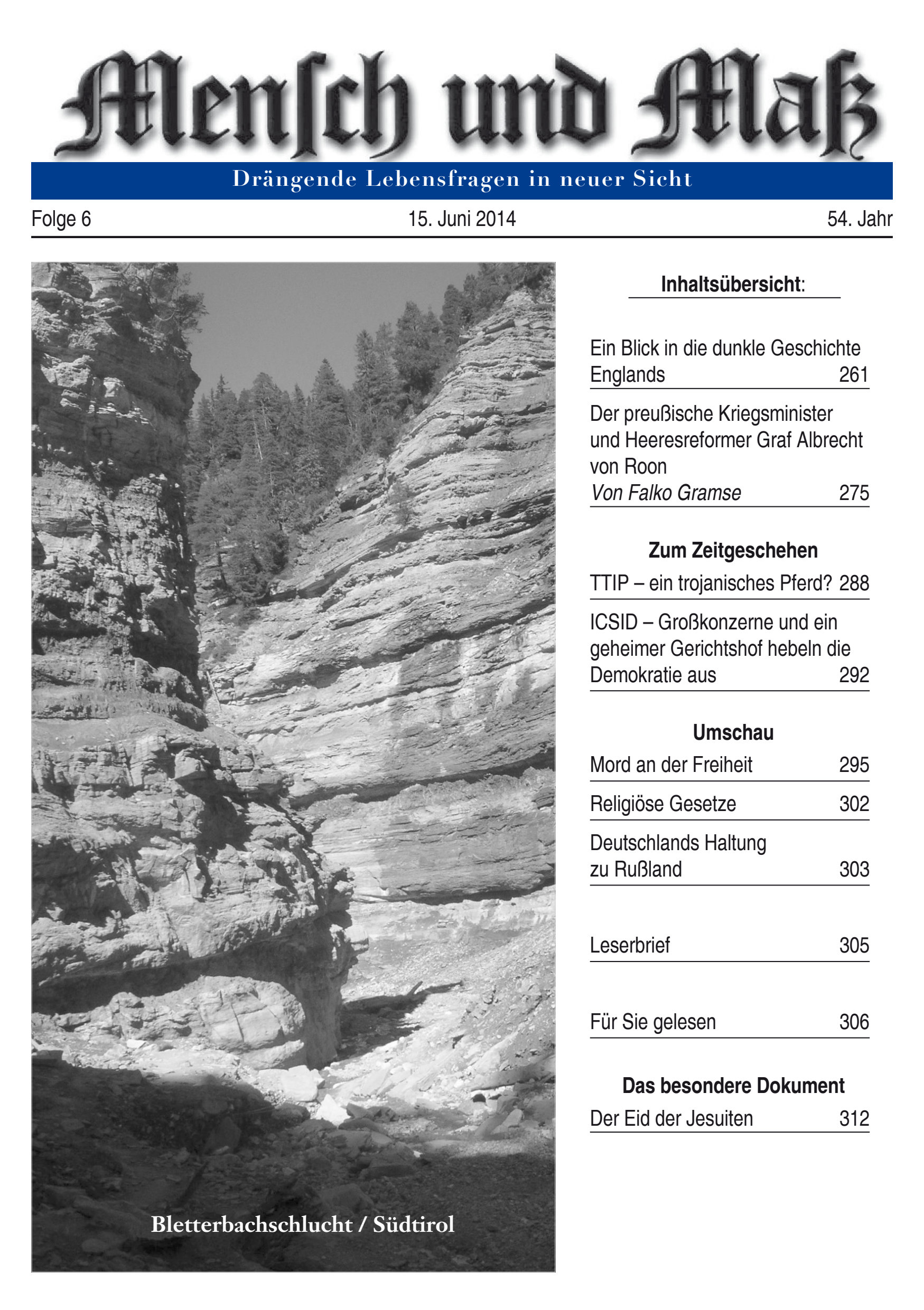 Titelseite Zeitschrift Mensch und Maß, Heft 06/2014