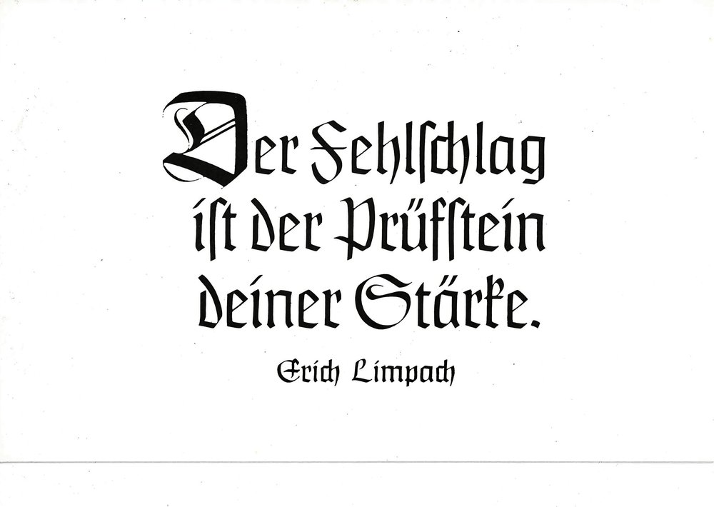 Postkarte A6 mit Worten von Erich Limpach: Der Fehlschlag ist der Prüfstein deiner Stärke