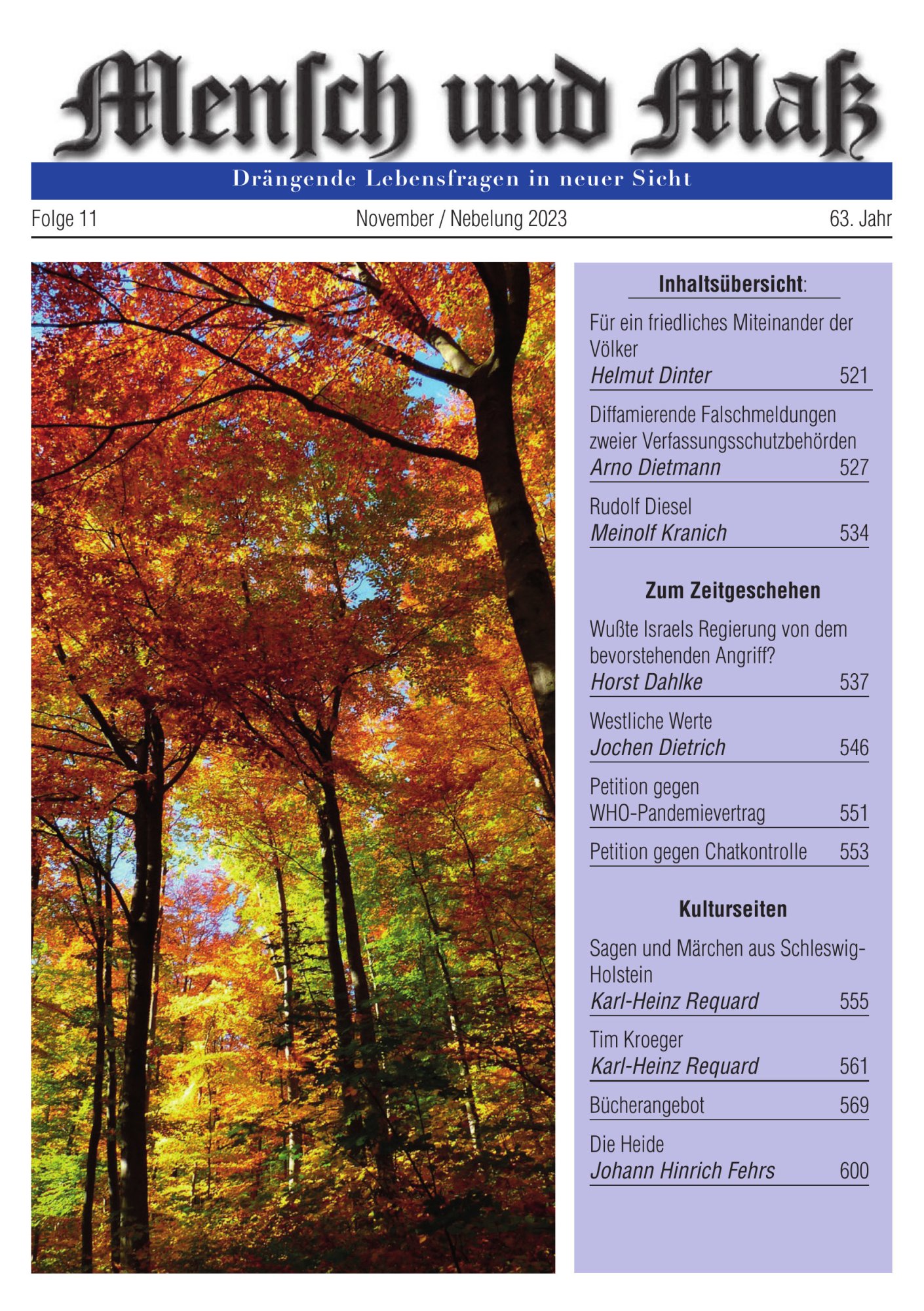Jahrgang 2023 Mensch und Maß (12 Hefte als PDF) Titelseite Zeitschrift Mensch und Maß, Heft 11/2023