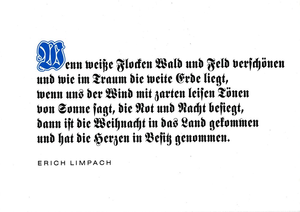 Postkarte A6 mit Worten von Erich Limpach: Wenn weiße Flocken Wald und Feld verschönen