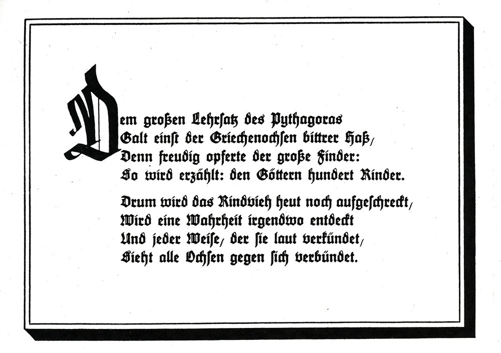 Postkarte A6 mit Worten von Erich Limpach: Dem großen Lehrsatz des Pythagoras