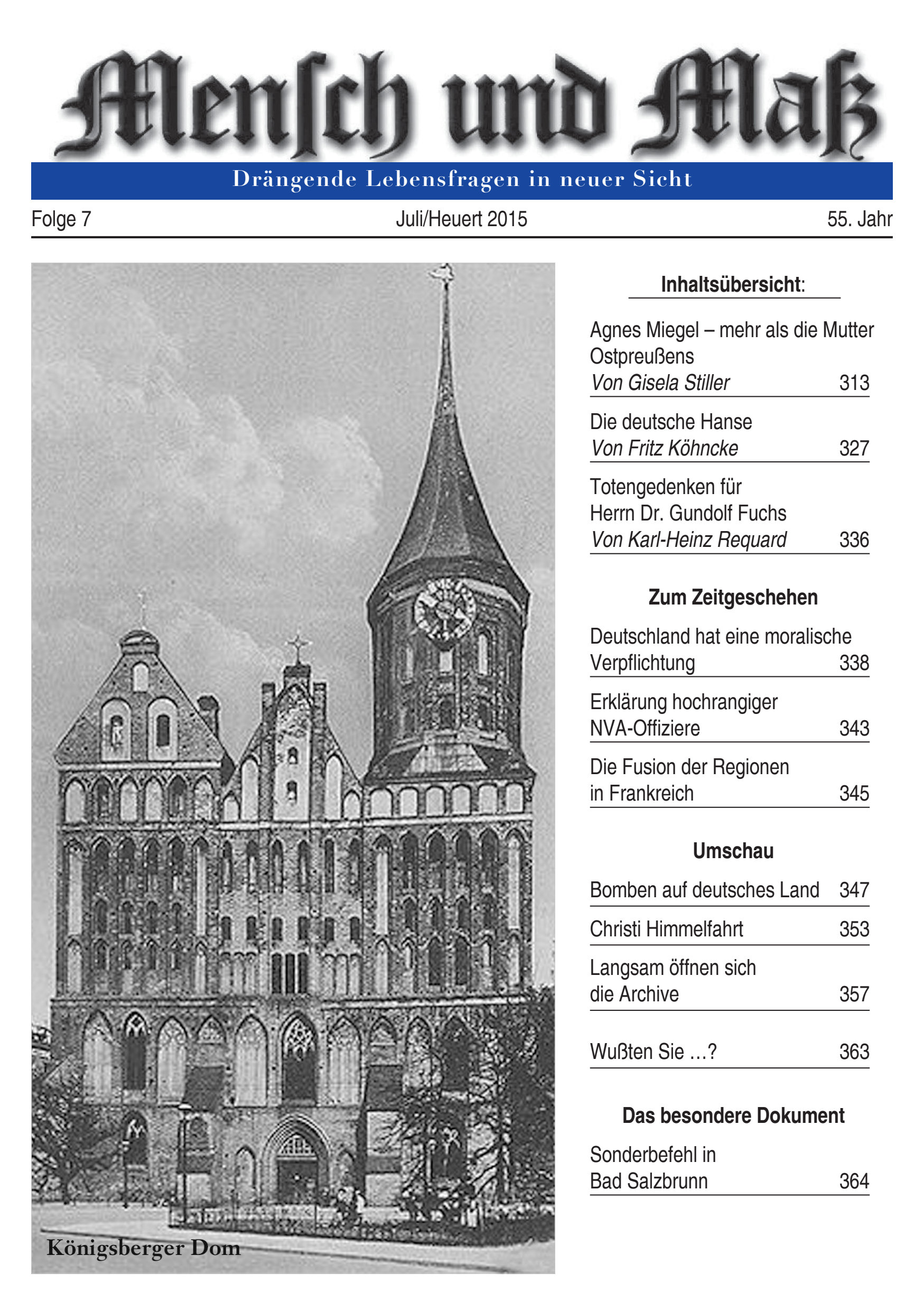 Titelseite Zeitschrift Mensch und Maß, Heft 07/2015