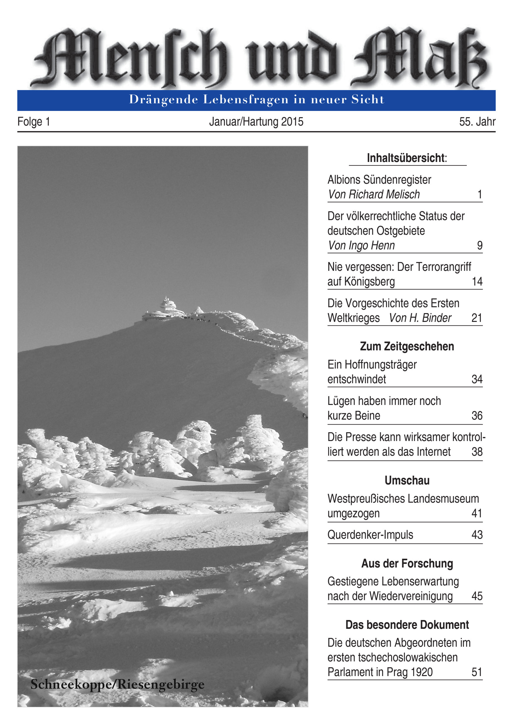 2015/01 Mensch und Maß Titelseite Zeitschrift Mensch und Maß, Heft 01/2015