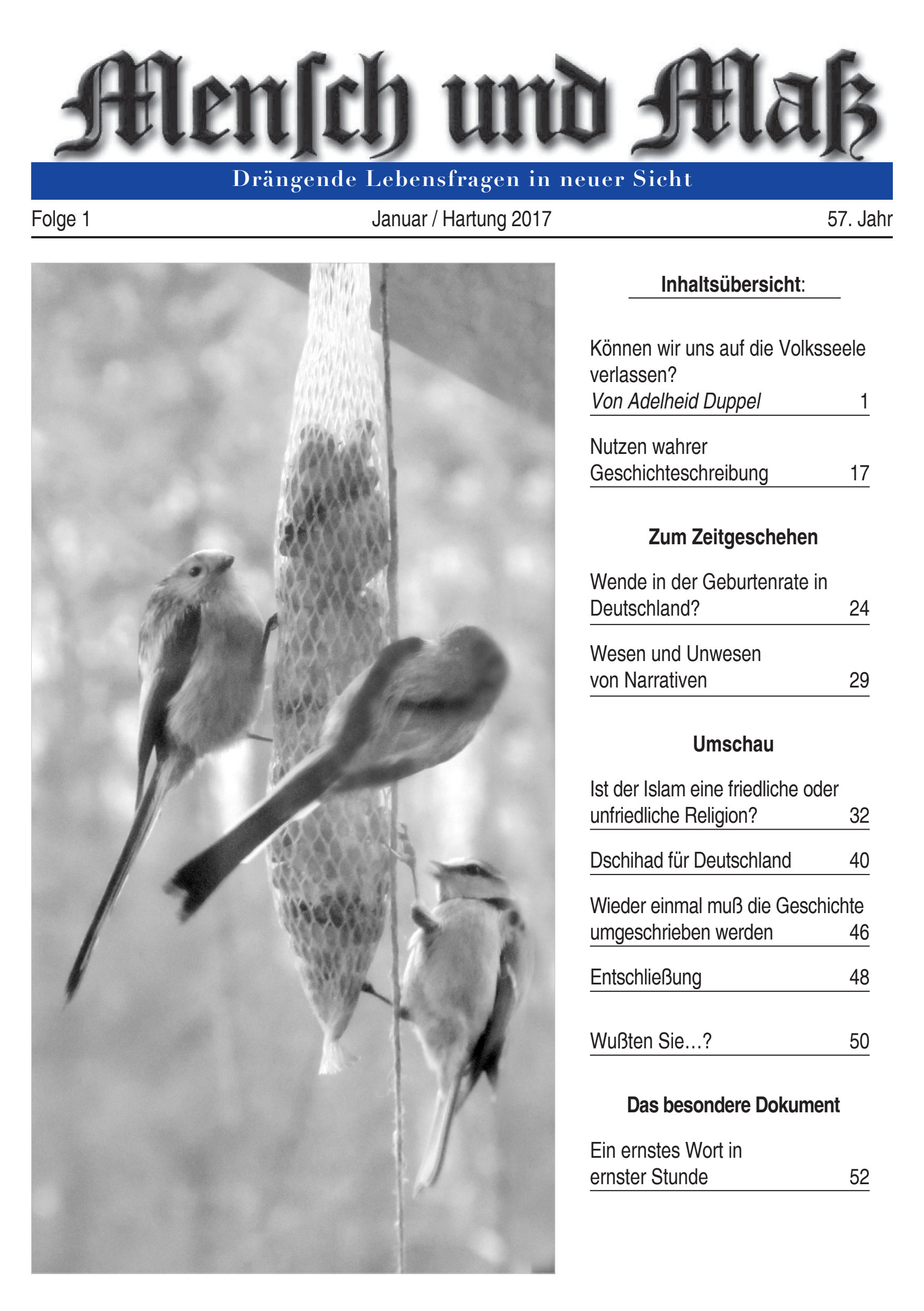 2017/01 Mensch und Maß Titelseite Zeitschrift Mensch und Maß, Heft 01/2017