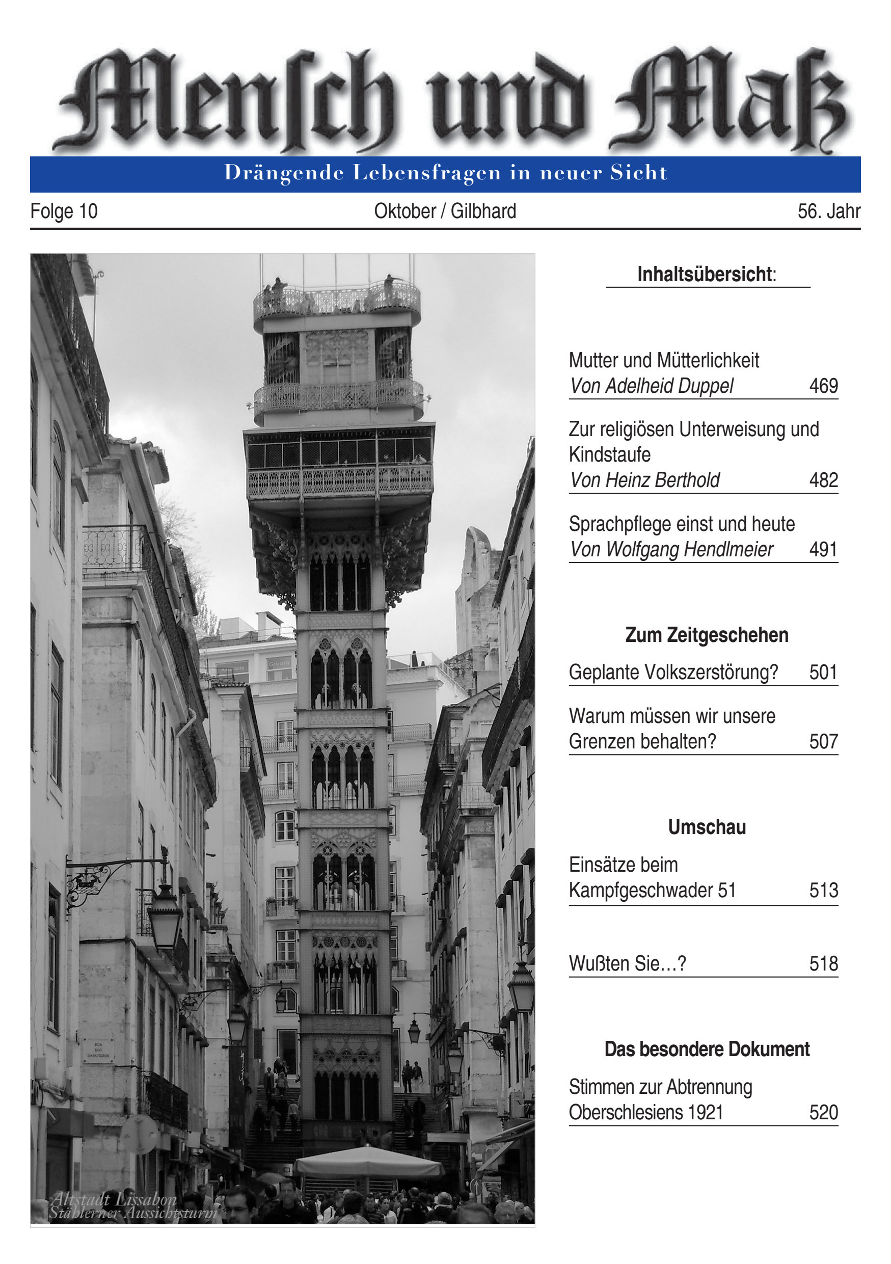 Titelseite Zeitschrift Mensch und Maß, Heft 10/2016
