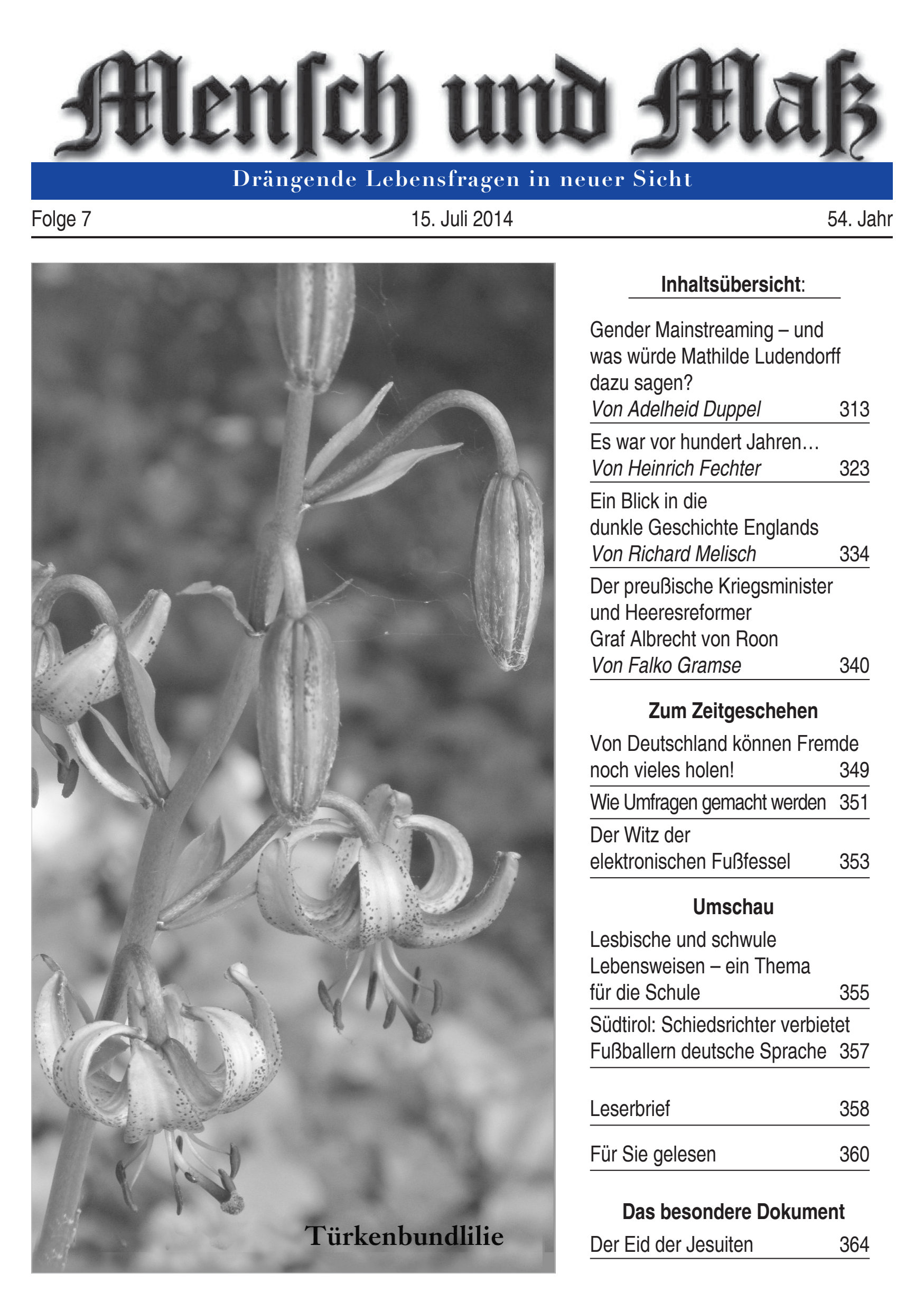 2014/07 Mensch und Maß Titelseite Zeitschrift Mensch und Maß, Heft 07/2014