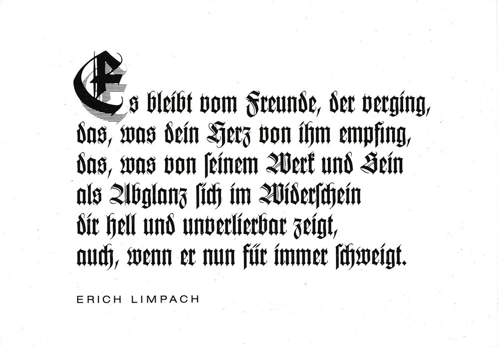 Postkarte A6 mit Worten von Erich Limpach: Es bleibt vom Freunde, der verging