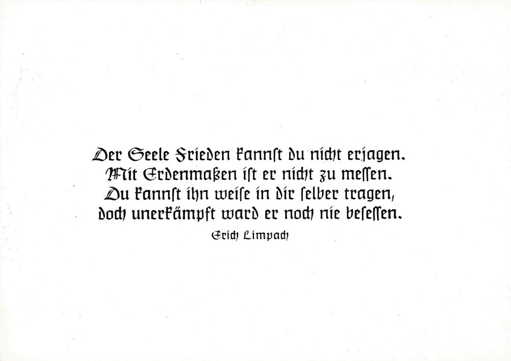 Postkarte A6 mit Worten von Erich Limpach: Der Seele Frieden kannst du nicht erjagen