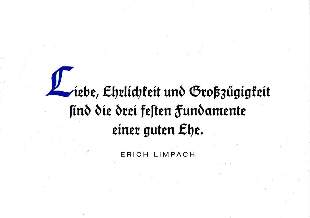 Postkarte A6 mit Worten von Erich Limpach: Liebe, Ehrlichkeit und Großzügigkeit sind die drei festen Fundamente einer guten Ehe